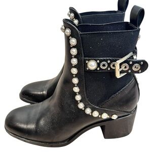 Zara Black Botin Pearl Studded Ankle Boots Buckle, 36, Punk-Glam NEW